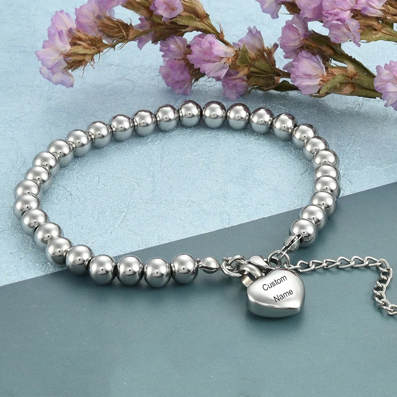 Personalized Engraved Stainless Steel Heart Ashes Holder Cremation Bracelet Memorial Keepsake Beaded Bracelet Jewrley for Women