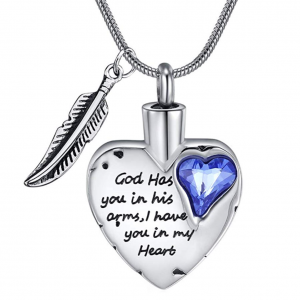 God Has You in His Arms Cremation Jewelry with Wing Stainless Steel Heart Urn Necklace for Ashes Cremation Jewelry