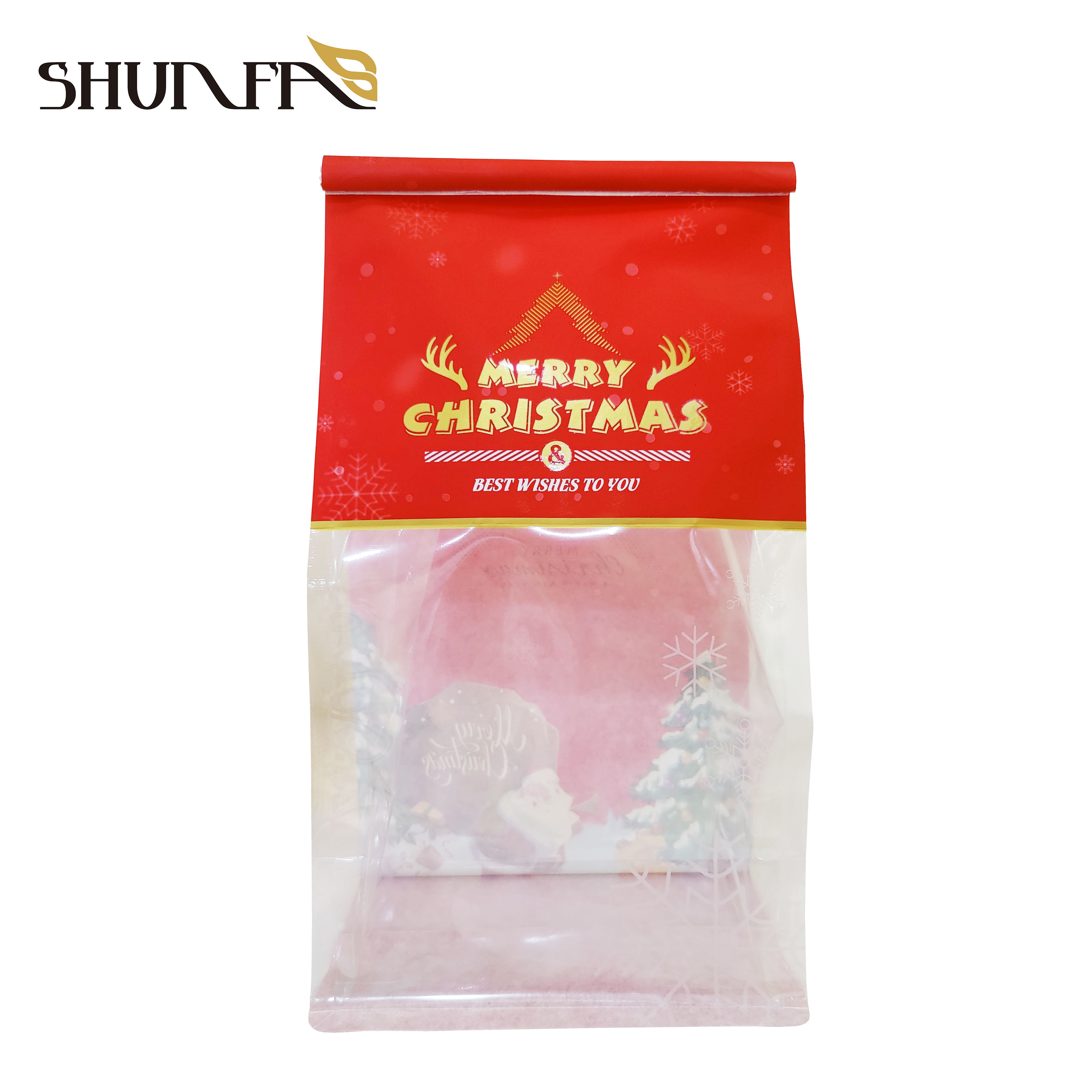 Custom Design Merry Christmas Style Bakery Bread Packaging with Window Food Bag
