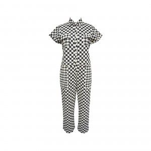 Black and white plaid shirt collar short-sleeved jumpsuit