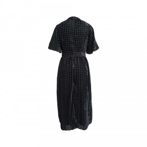 Black polka dot and rhomboid pattern higher round neck short sleeve dress