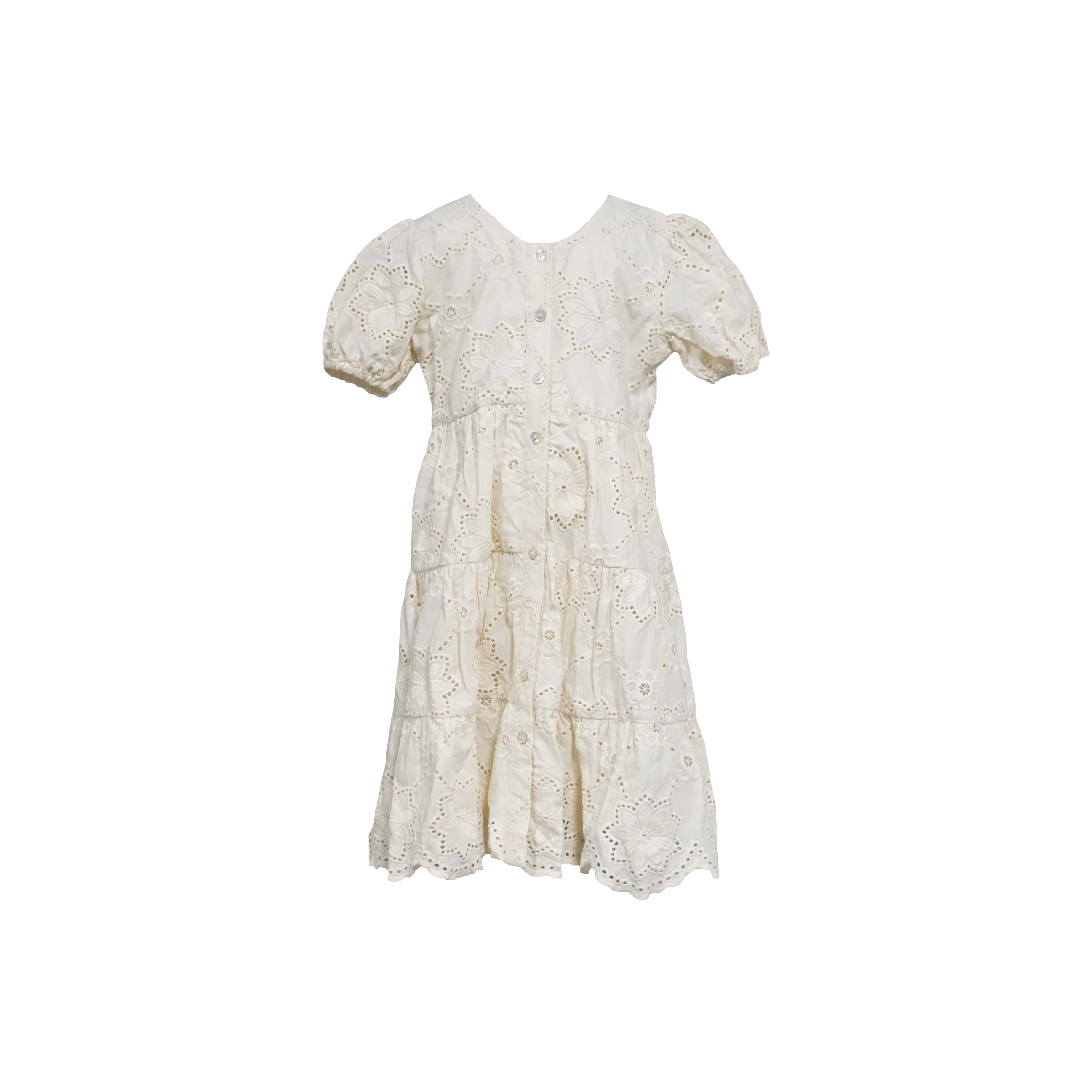 Cotton V-Neck Puff Sleeve Button Down Hollow Embroidered Kid Dress