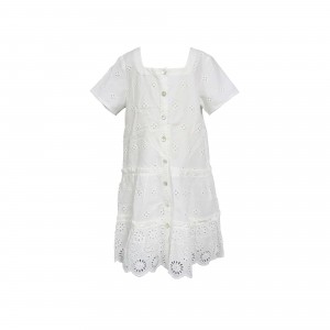 100% cotton square neck button down hollow embroidered Kid dress