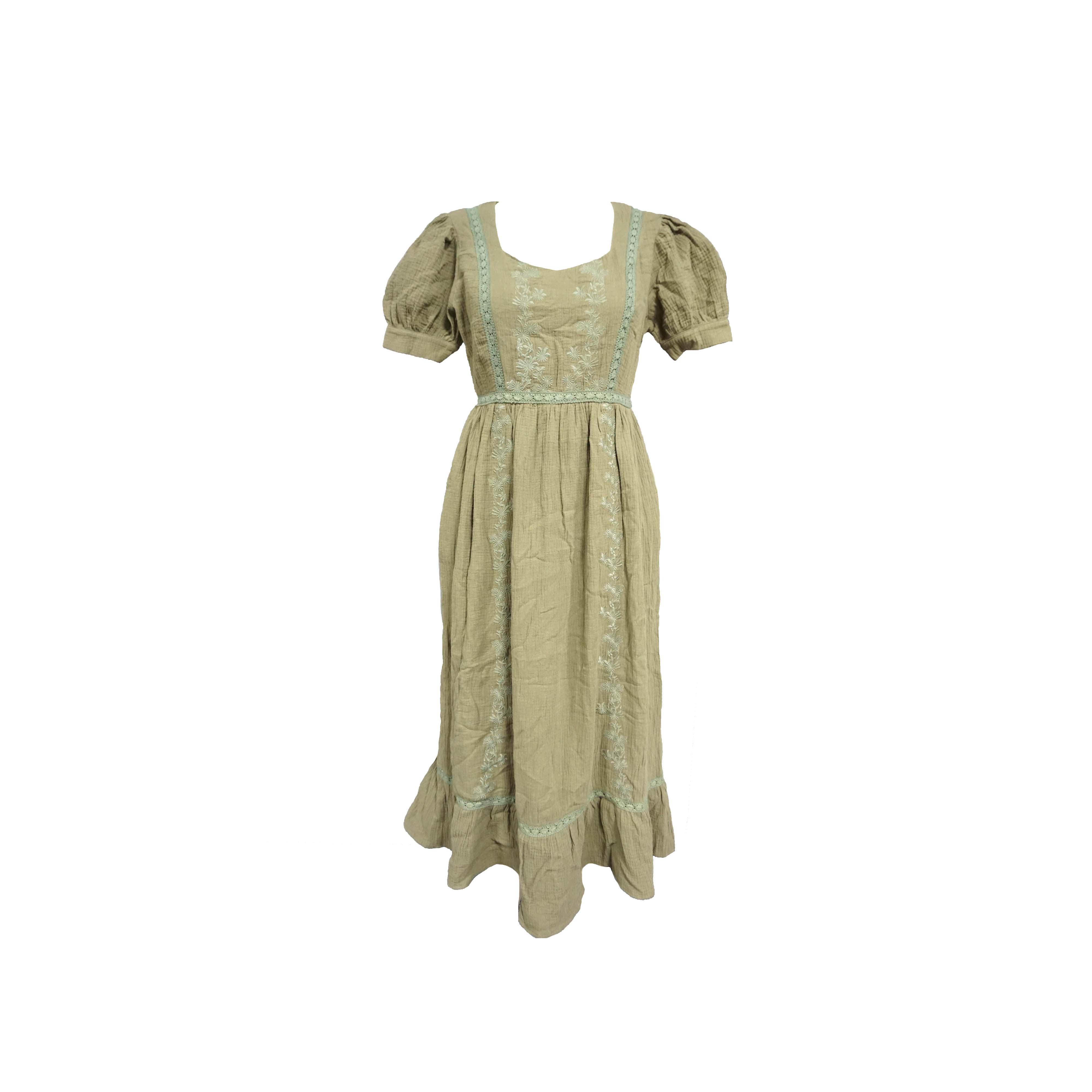 Military Green Cotton Sweetheart Neckline Embroidered Women’s Dress