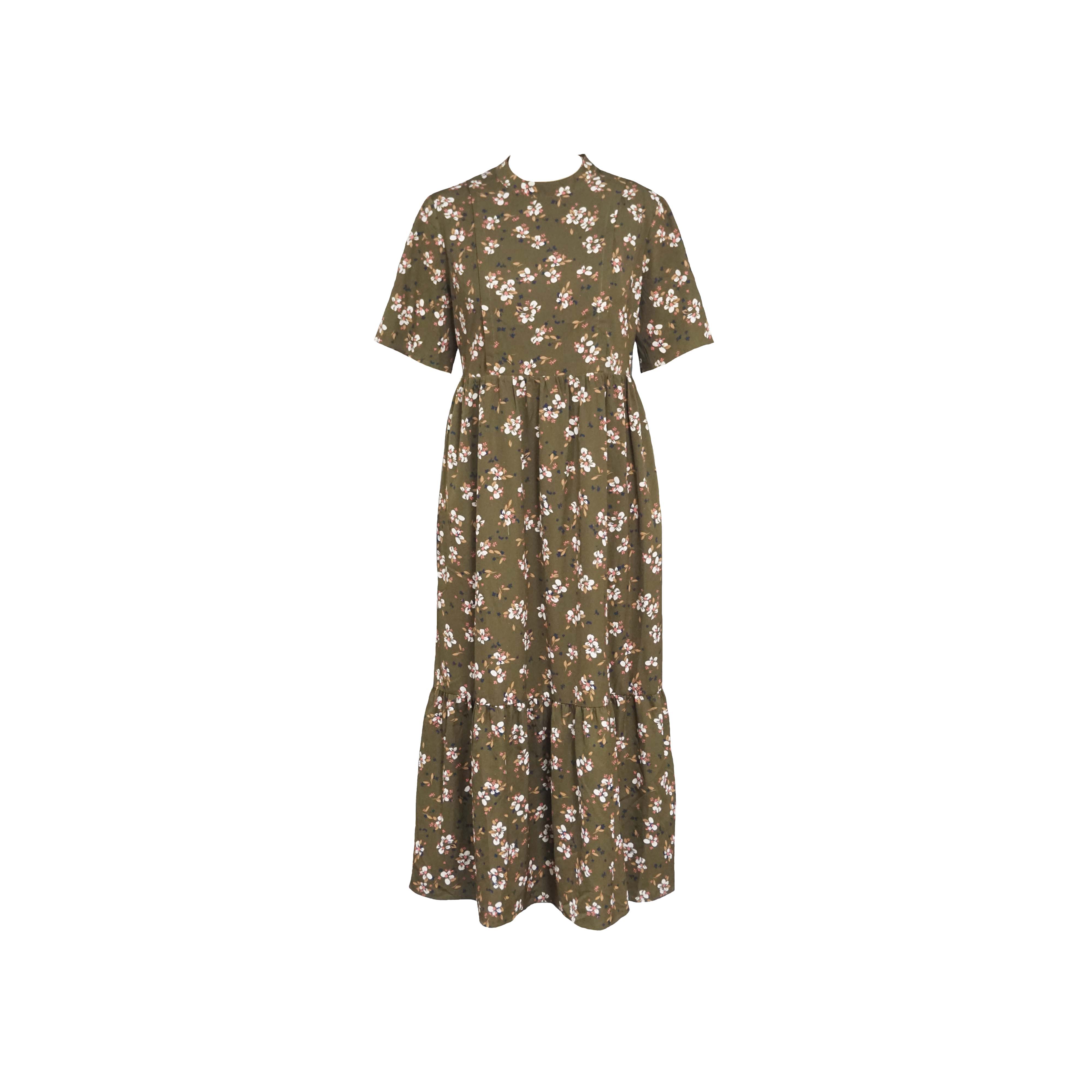 Maslinastozelena haljina za dojenje s okruglim izrezom i cvjetnim rukavima u obliku zvona