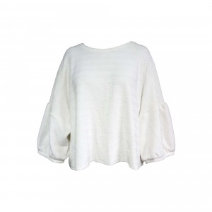 Round neck puff sleeves long sleeves cotton white knitted top