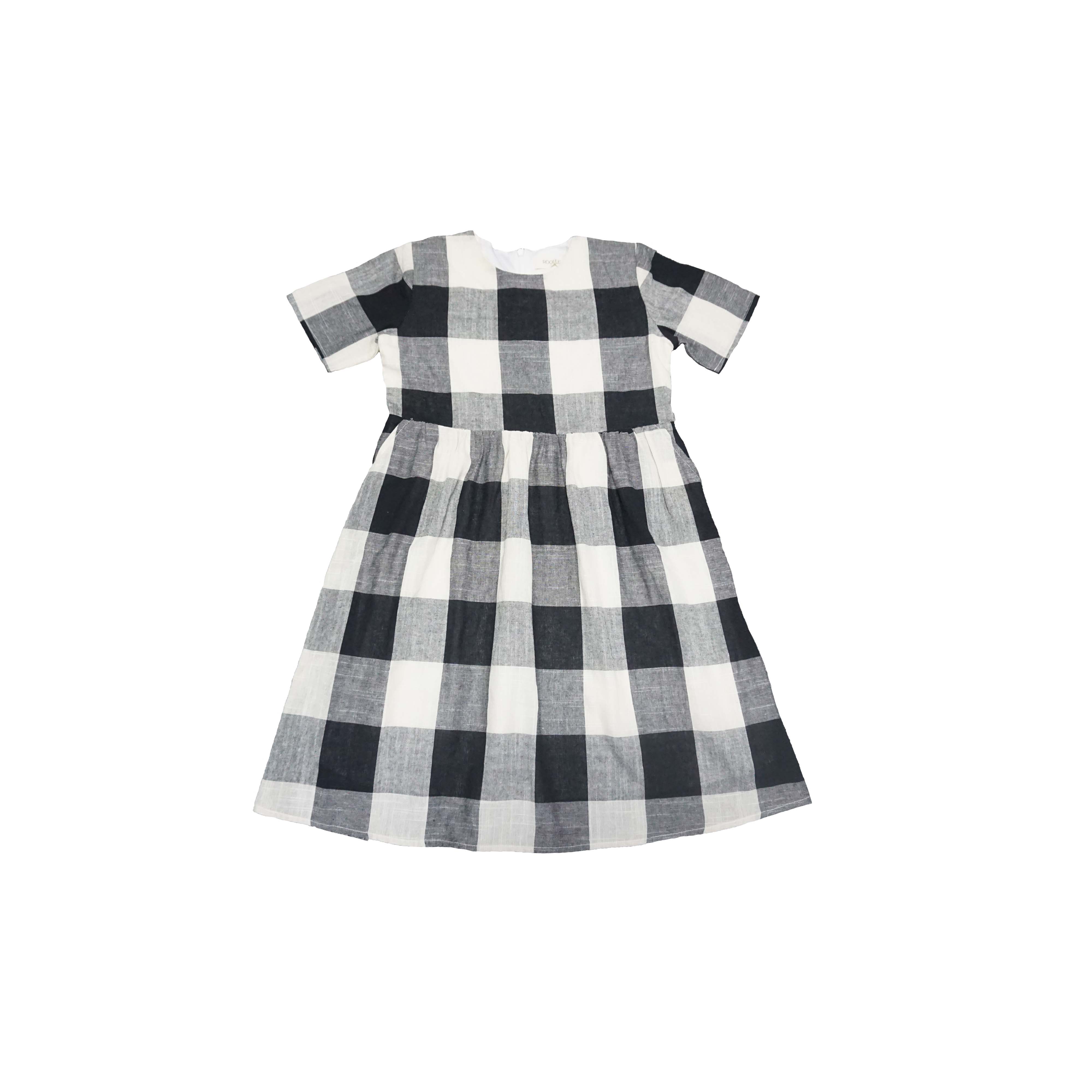 Simple round neck short-sleeved black and gray plaid kids dress