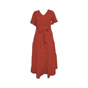 Simple and elegant V-neck short-sleeved button-down dress