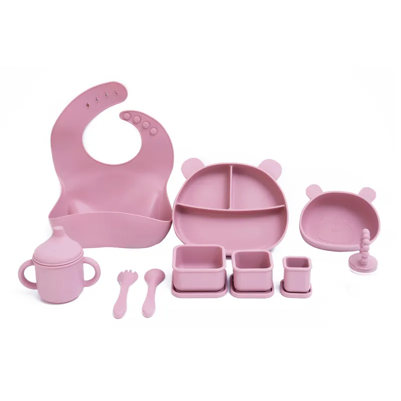 Wholesale baby feeding set soft spoon Food grade safe non-slip Silicone Baby Feeding tableware Set for children Featured Image