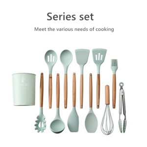 Silicone Cooking Tools Kitchen Utensil Set with Wooden Handles