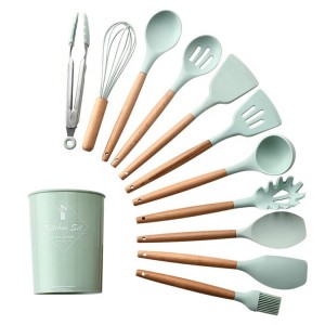 Silicone Cooking Tools Kitchen Utensil Set with Wooden Handles