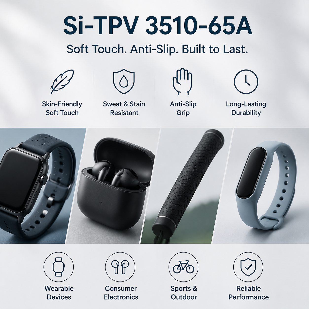 Si-TPV 3510-65A Thermoplastic Silicone Elastomer: Soft Touch, Anti-Slip Grip, and Durable Material for Wearable Devices