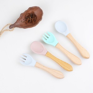 Silicone spoon fork with wooden handle
