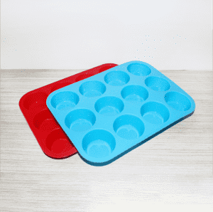 Silicone Muffin & Cupcake Baking Pan 12 Cup – Free Paper Muffin Cups +eBook – Non Stick, BPA Free, 100% Silicon & Dishwasher Safe Bakeware Pans/Tin – Blue Kitchen Rubber Tray & Mold for Keto Fat Bombs