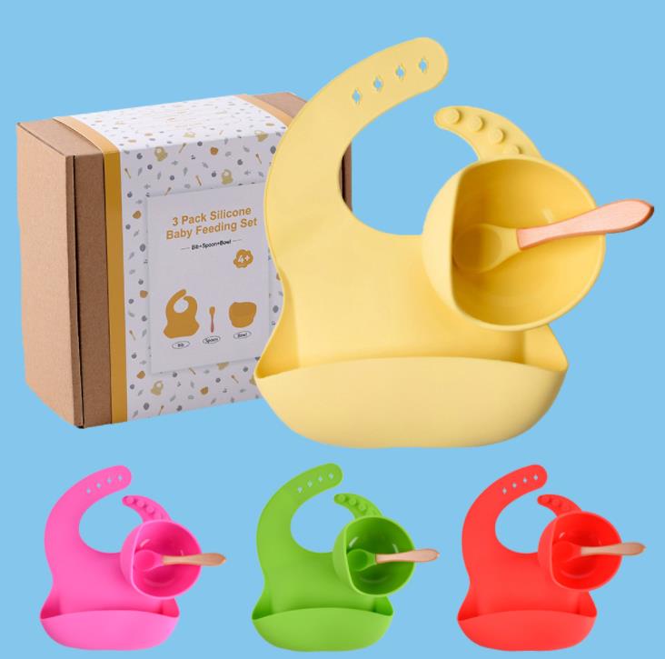 Hot Selling BPA Free Silicone Baby Suction Bowl Easily Clean Baby Bibs Soft Silicone Spoon With Wooden handle Featured Image