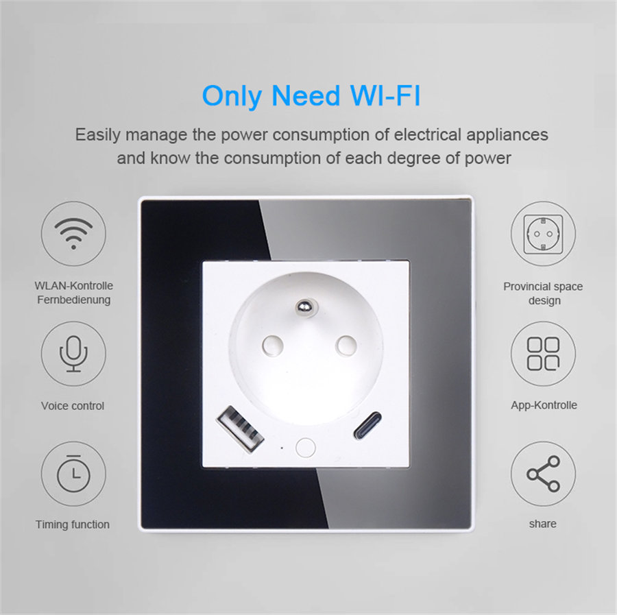 WiFi Smart flush wall socket with USB-A + Type C4