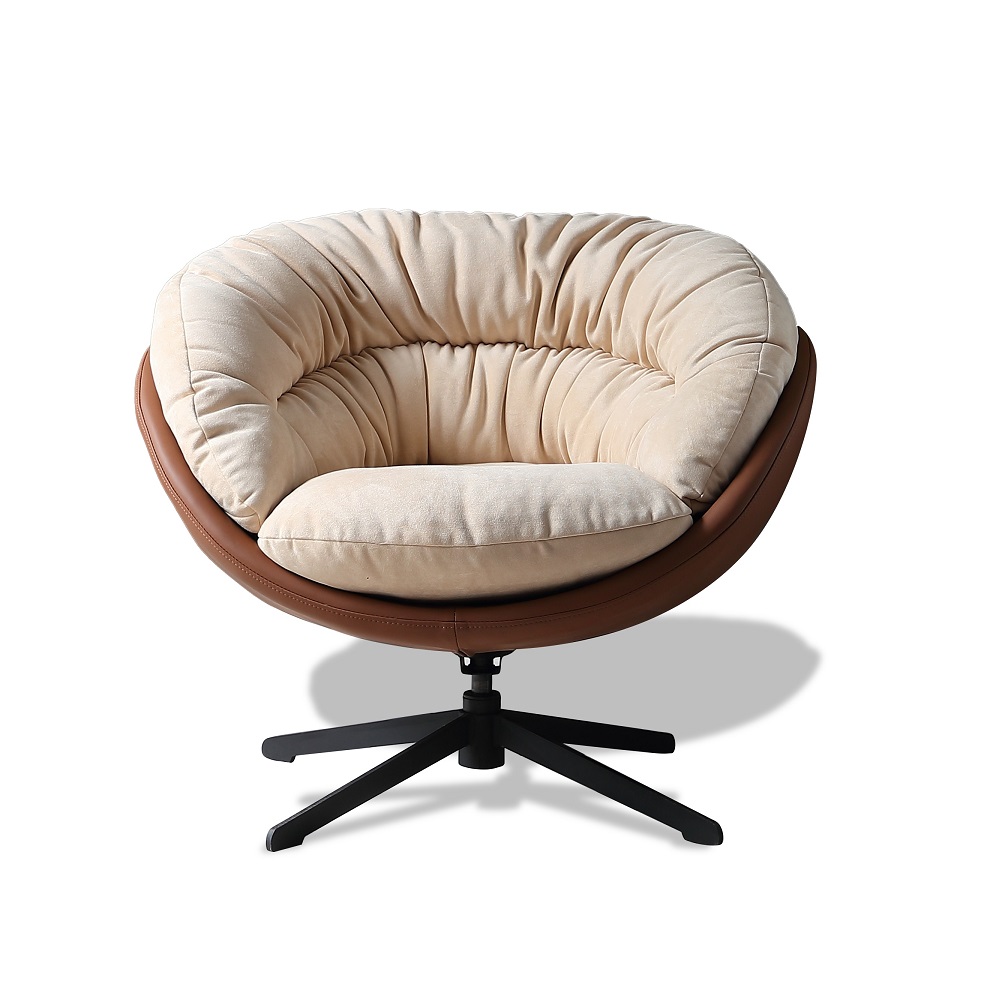 Cream White Velvet Chenille Fabric Single Swivel Reading  Lounge Chair