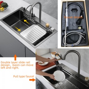 Flying rain Waterfall  Dishwasher Basin Matte Black Single Sink Workstation Kitchen Sink with Pull-Out Faucet