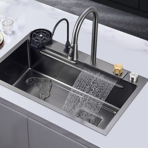 Flying rain cascade lave-vaisselle lavabo noir mat évier simple poste de travail évier de cuisine avec robinet rétractable