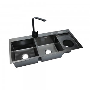 Stainless steel double bowls kitchen sink with built-in trash bin