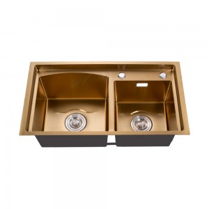 Factory Price Luxury Handmade Brushed Gold Double Bowls Stainless Steel Drop in Kitchen Sink
