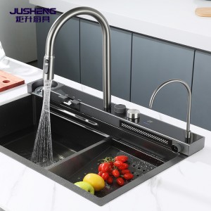 Low MOQ for Factory Supplier 304 Stainless Steel Kitchen Sink with Waterfall Faucet Knife Rest 9 Piece Set China
