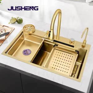OEM ODM Hot Sales Flying Rainfall SS304 SS201 Golden Metal Stainless Steel Kitchen Sink with Faucet