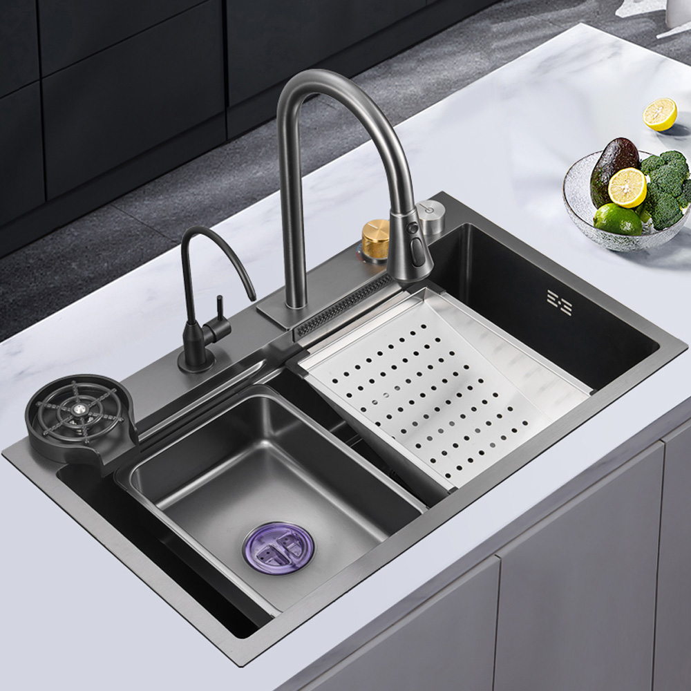 Factory direct sales wholesale modern design flying rainfall 201 stainless steel single black waterfall kitchen sink