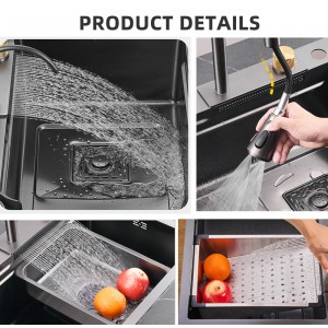 New multifunctional black stainless steel waterfall LED digital display faucet single kitchen sink