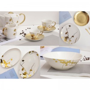 Modern Style White Porcelain Tableware with Gold Decal Motif