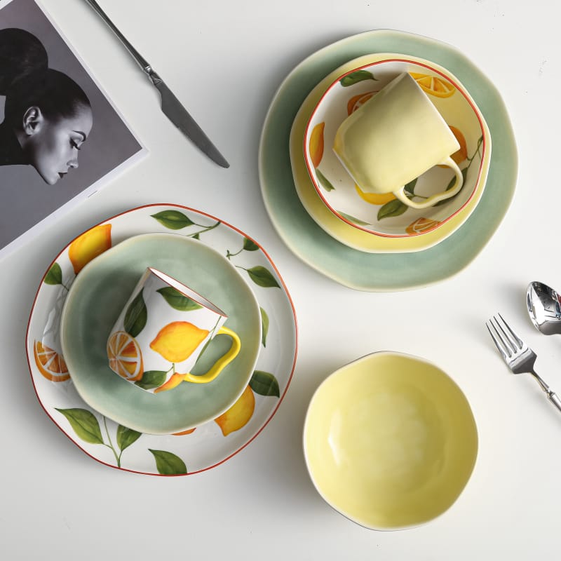 China Dinner Set Reactive Glaze Romantic Lemon Tree Hand Made Large Plates  Microwave Safe Manufacturer and Supplier