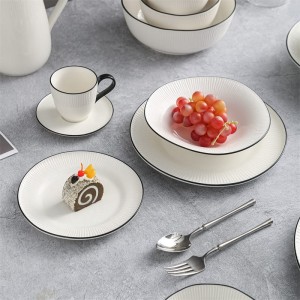 Nordic Black Rim Embossed Dinner Set White Porcelain Cup and Saucer