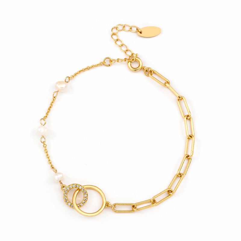Wholesale Cute Dainty Jewelry Supplier –  Double Ring Pearl Beads Paper Clip Chain Bracelet  – Shangjie Jewelry