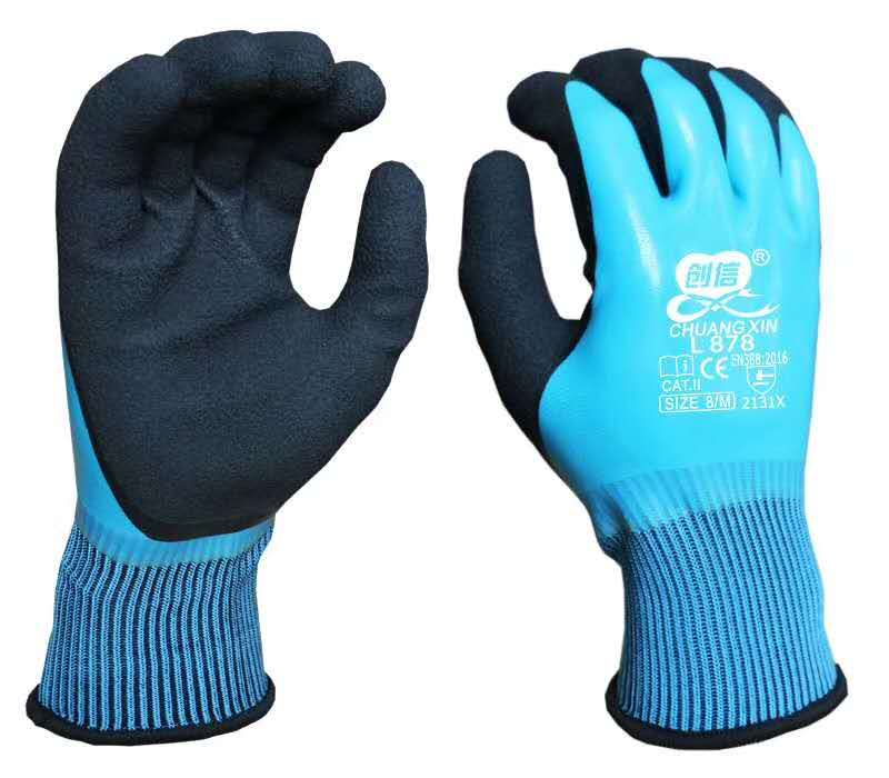Water repellent micro foam latex crinkle working glove for construction