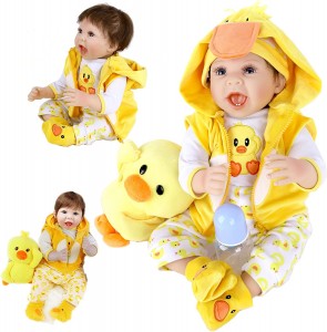 ZIYIUI Reborn Baby Dolls 22 inch 55cm Realistic Baby Dolls Boy Soft Touch Silicone Vinyl Weighted Cloth Body Reborn Dolls Boy with Open Mouth Yellow Duck Dolls Toys