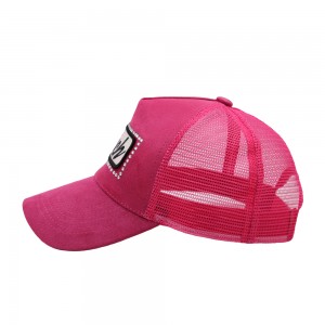 Women Custom design fuchsia color promotion 5 panel black embroidery polyester mesh cap trucker hat