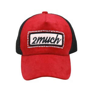 Red and black 5 panel snapback embroidery polyester mesh cap trucker hat