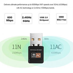 600Mbps Dual Band Free Drive USB WIFI Adapter 2.4GHz/5.0GHz Dongle PC Network Card Ethernet 802.11AC Laptop Desktop Support Windows XP Vista/7/8/10 Mac OS X 10.4 10.12