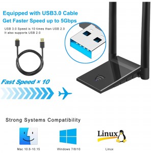 1300Mbps Wifi Adapter 2.4GHz/5.8GHz Network Cards RTL8812BU Chipset Wifi Dongle 6dBi External Detachable Antenna