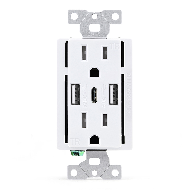 USA High Quality 2 USB-A 1 USB-C 125V 15A With Wall Plate receptacles wall outlet Featured Image