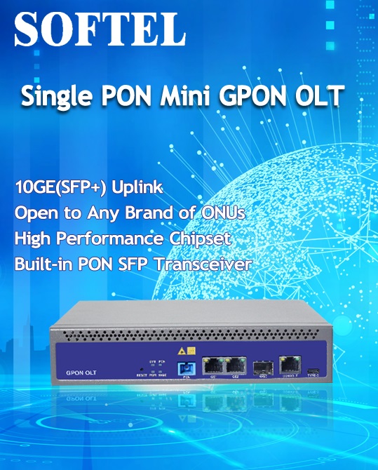 Hot Sale Softel FTTH Mini Single PON GPON OLT med 10GE(SFP+) upplänk