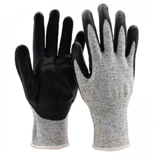 Jauge de gants résistante aux coupures, travail de sécurité, doublure HPPE grise en microfibre de verre EN388 avec gant en Nitrile noir