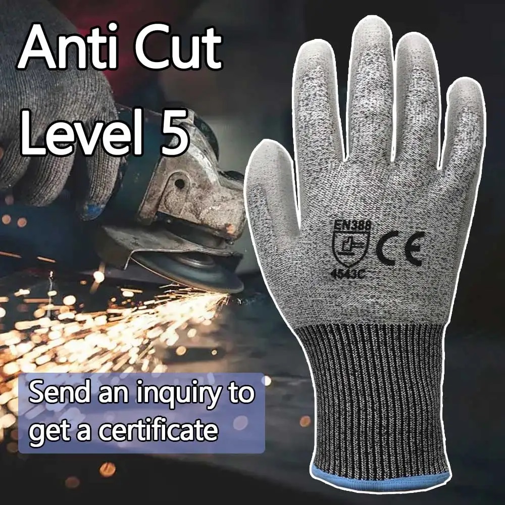 Рукавички HPPE Anti Cut Level 5 Industrial Building Safety Work Construction Gloves з поліуретановим покриттям
