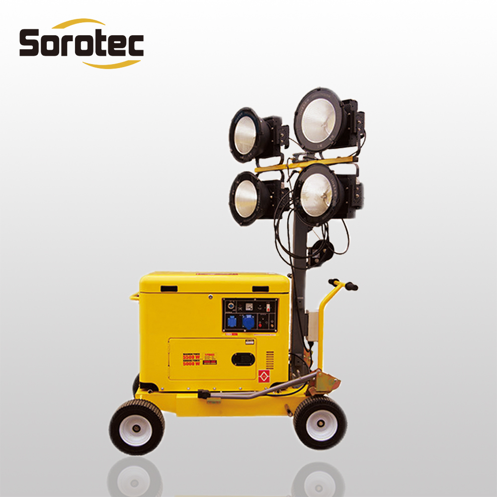 Hot Sale Mobile Light Tower 5.5M hand push light tower with 5kw generator with LED lamp 4*200W/300W/500W/600W Manual Lifting. Factory direct price.
