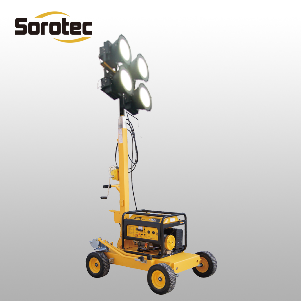 Hot Sale Mobile Light Tower 5.5M hand push light tower with 5kw generator with LED lamp 4*200W/300W/500W/600W Manual Lifting. Factory direct price.
