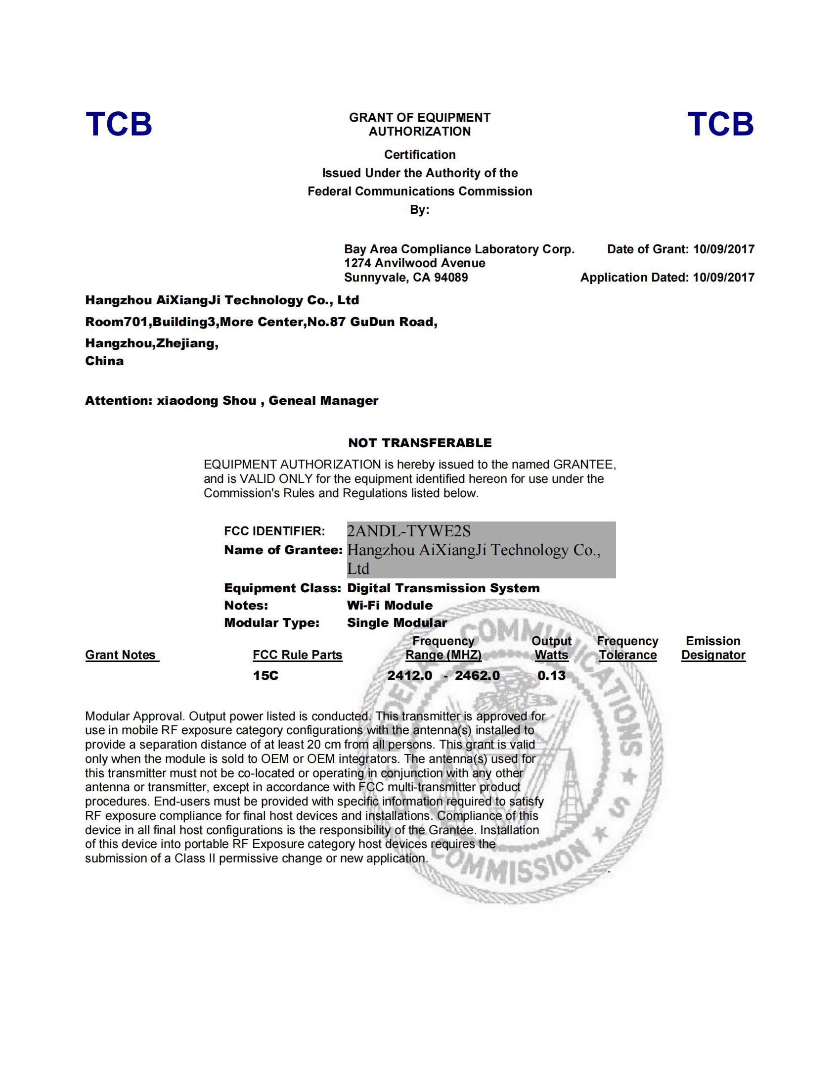 FCC Certificate for wifi part