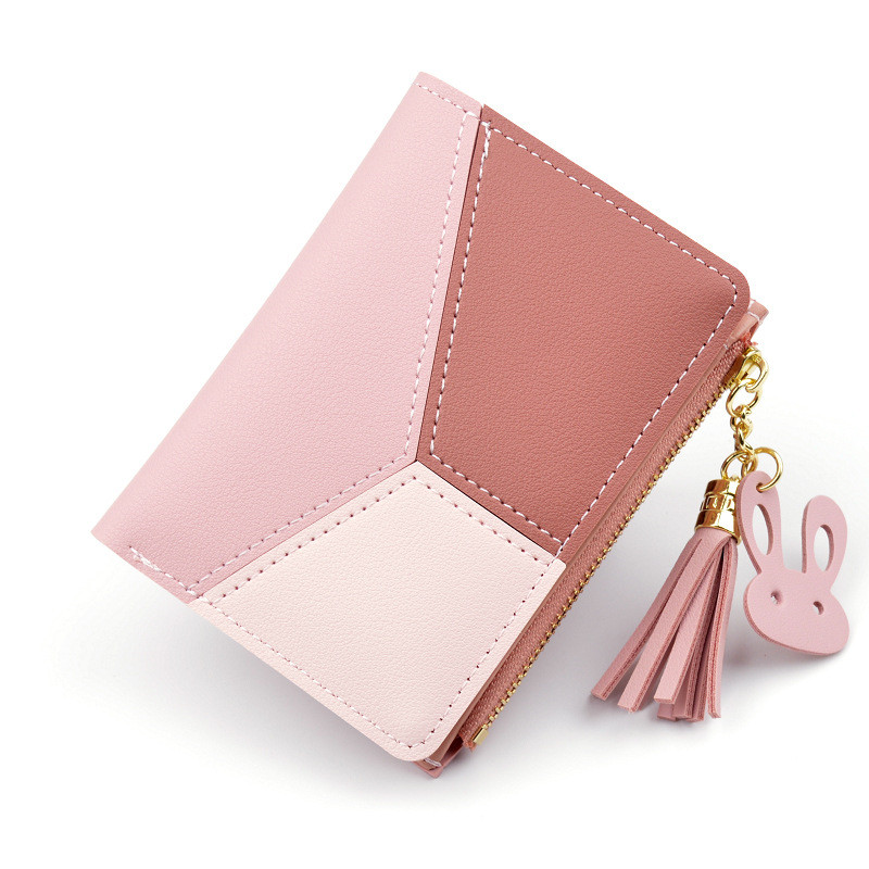 New adult wallet short tassel ladies zipper wallet Korean splicing cartoon student wallet coin purse
