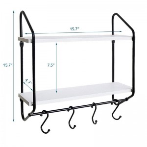 2-Tier White Floating Shelf with Hooks