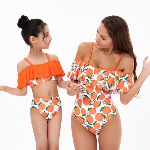 Flounce top Orange printed Matching family Mother and Daughter New little kids girls swimwear for 10 year old girl