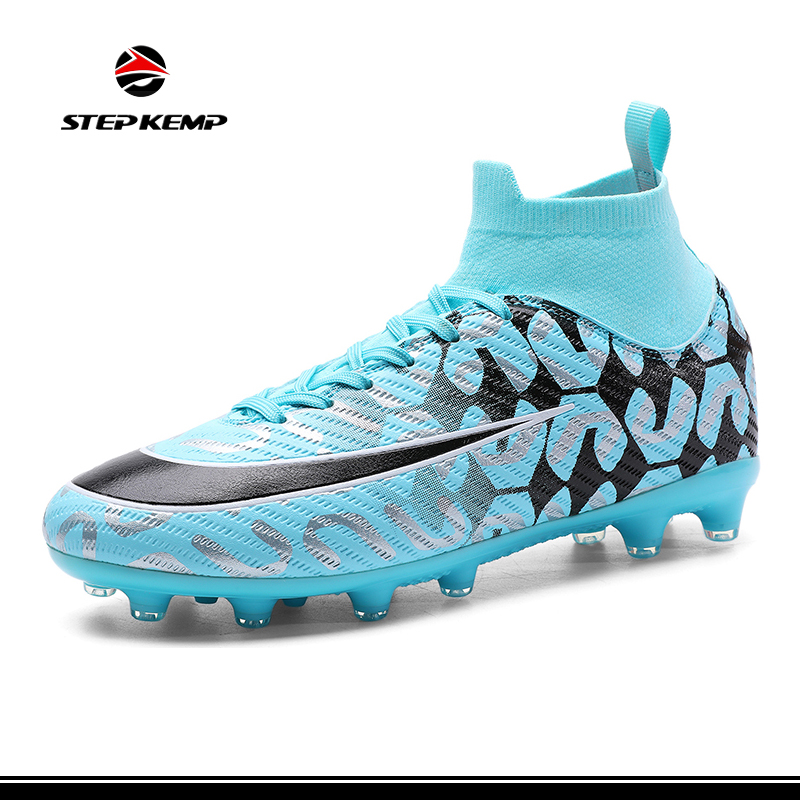 Men’s Indoor Soccer Shoes Turf Cleats High-Tops Lace-Up Non-Slip Spikes Futsal Football Boots